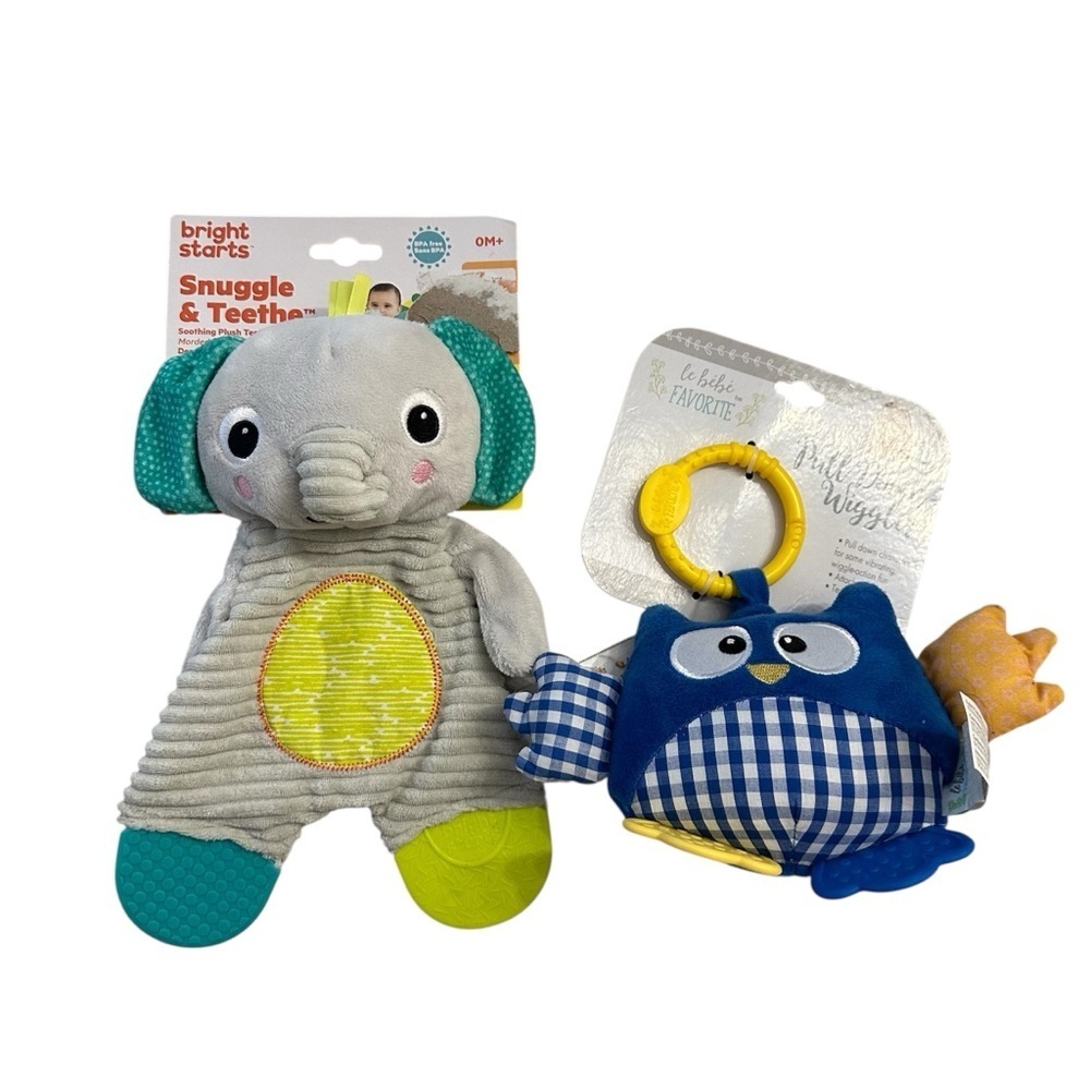 Bright Starts Snuggle&Teethe Elephant/Le Bebe Favorite Pull Down Wiggler Owl NIP